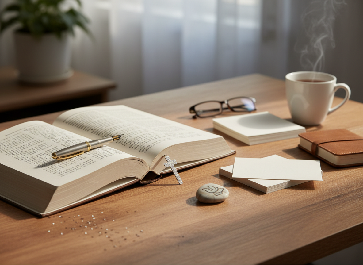 A visually appealing editorial photograph for a Christian author's blog page: an open hardcover book with elegant cream pages, a tasteful fountain pen, handwritten notes, and soft window light on a warm wooden writing desk. Include a subtle small cross-shaped bookmark or understated faith-inspired detail, but keep it refined and not overtly decorative. Literary, contemplative, warm, realistic photography, no people, no readable text, no logos, no watermark.