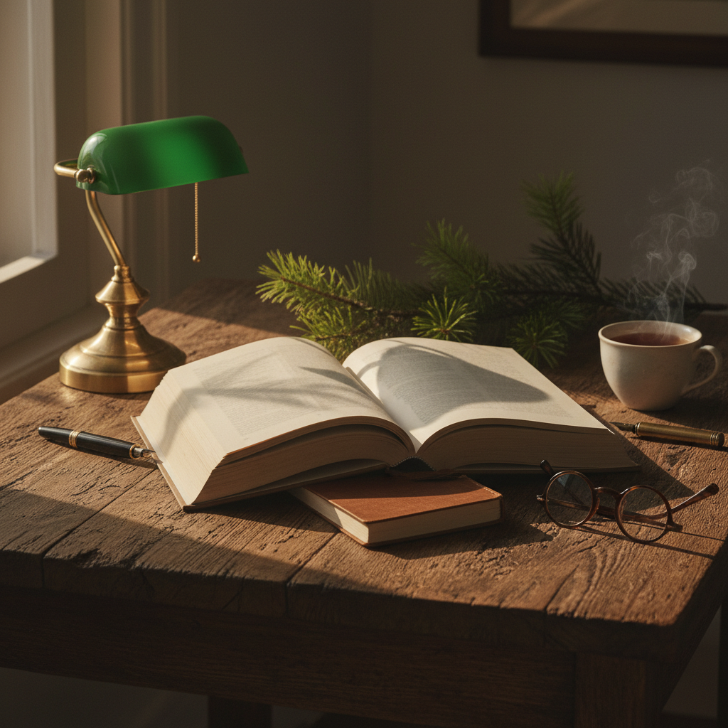 A refined, atmospheric editorial photograph for a literary book sample page: an open hardcover book resting on a weathered wooden table beside a small brass reading lamp, warm natural light, subtle pine forest shadows, elegant quiet mood, sophisticated bookish composition, no visible text, no logos, no people.